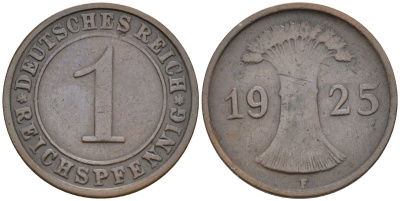 Германия 1 рейхспфенниг 1925 F KM 37, J.313, Weege 2 медь 4585-556