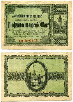 МЮЛЬХАЙМ-на-РУРЕ 500000 МАРОК 1923 3 АВГУСТА 1923, НОТГЕЛЬД, ЗЕМЛЯ РЕЙЛАНД-ПФАЛЬЦ Keller 3637d бумага 8606-27-2-1