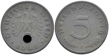 ГЕРМАНИЯ 5 РЕЙХСПФЕННИГОВ 1941 F KM 100, J. 370 цинк 105-229