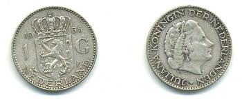 Нидерланды 1 гульден 1955 Юлиана (1948-1980) KM 184 серебро 83-737