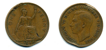 Великобритания 1 пенни 1945 Георг VI (1936-1952) KM 845, Spink 4114 бронза 37-1034