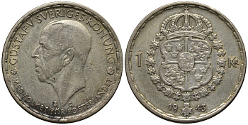 Швеция 1 крона 1943 G, Густав V (1907-1950) KM 814 серебро 4577-811