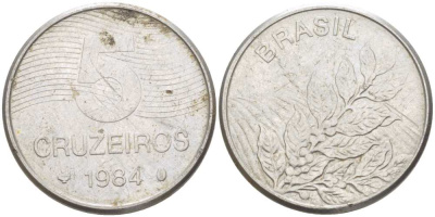 БРАЗИЛИЯ 5 КРУЗЕЙРО 1984 РЕФОРМА 1967-1985, КОФЕ KM 591 нержавеющая сталь 4385-753