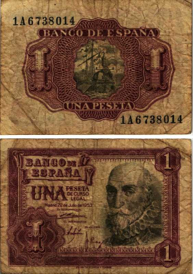 Испания 1 песета 1953 22 июля 1953, Мигель де Санта Круз Pick 144а бумага 7548-123-2-1