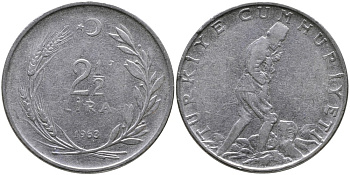 ТУРЦИЯ 2 1/2 ЛИРЫ 1963 KM 893.1 нержавеющая сталь 29-1035