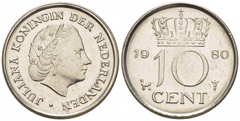 Нидерланды 10 центов 1980 Юлиана (1949-1980) KM 182 никель 3457-1232
