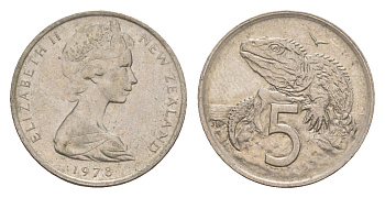 Новая Зеландия 5 центов 1978 Елизавета II (1952-2022), ящерица гаттерия KM 34.1 медно-никель 4178-341