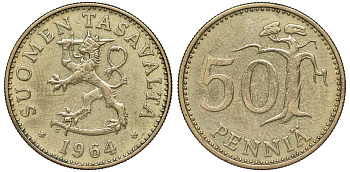 Финляндия 50 пенни 1964 S KM 48 алюминиевая бронза 259-557