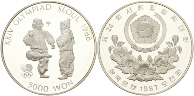 Южная Корея 5000 вон 1987 XXIV Летние Олимпийские игры в Сеуле 1988 года, национальный спорт Chegi Kicking KM 61 серебро PROOF 1074-10-22