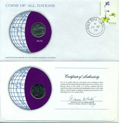 ИРЛАНДИЯ 5 ПЕНСОВ 1976 конверт с маркой первого дня гашения, Coins of Nations KM 22 медно-никель UNC 4294-46-2