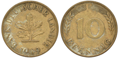 ФРГ 10 пфеннигов 1949 J KM 103, J. 378 сталь плакированная латунью 4132-515