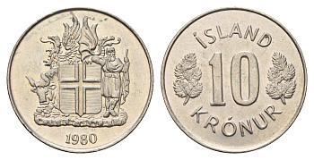 Исландия 10 крон 1980 KM 15 медно-никель UNC 4582-112