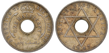 Британская Западная Африка 1/2 пенни 1947 H, Георг VI KM 18 медно-никель 25-2227