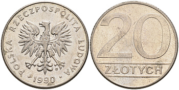 Польша 20 злотых 1990 MW KM 153.2, Parchimowicz 255b медно-никель 4566-412