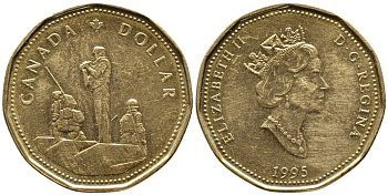 КАНАДА 1 ДОЛЛАР 1995 МЕМОРИАЛ МИРОТВОРЦАМ В ОТТАВЕ, ЕЛИЗАВЕТА II (1952-) KM 258 никель позолота 4542-134