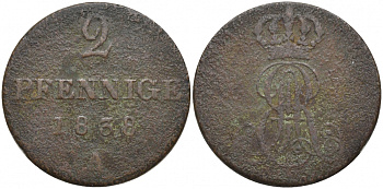 Ганновер 2 пфеннига 1838 A, Эрнст Август (1837-1851) KM 174.1, AKS 122, J. 55 медь 3856-823