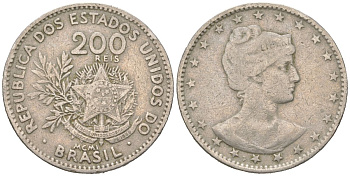 Бразилия 200 реалов 1901 MCMI, голова свободы вправо KM 504 медно-никель 4612-246