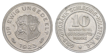 Шлезвиг-Гольштейн 10/100 марки 1923 Funck 642.2, KM Tn2, Men18 16296.2 алюминий aUNC 4642-515