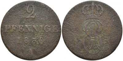 Ганновер 2 пфеннига 1838 A, Эрнст Август (1837-1851) KM 174.1, AKS 122, J. 55 медь 3856-823