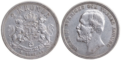 Швеция 2 кроны 1892 EB, Оскар II (1872-1907) король Швеции и Норвегии KM 761 серебро 4178-1114