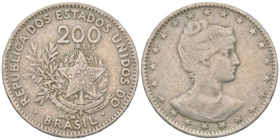 Бразилия 200 реалов 1901 MCMI, голова свободы вправо KM 504 медно-никель 4612-246