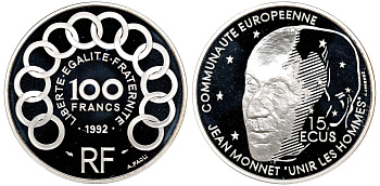 Франция 100 франков - 15 экю 1992 Жан Моне, в оригинальной коробке с сертификатом KM 1012 серебро PROOF 7-5-6-35
