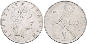 ИТАЛИЯ 50 ЛИР 1955 R, БОГ ОГНЯ ВУЛКАН У НАКОВАЛЬНИ KM 95.1 нержавеющая сталь 4551-333