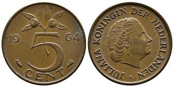 НИДЕРЛАНДЫ 5 ЦЕНТОВ 1964 ЮЛИАНА KM 181 бронза 261-851