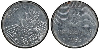 БРАЗИЛИЯ 5 КРУЗЕЙРО 1982 КОФЕ KM 591 сталь aUNC 72-942
