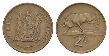 ЮАР 2 цента 1977 герб, антилопа гну KM 83 бронза 4602-815