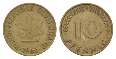 ФРГ 10 пфеннигов 1966 J KM 108, J. 383 сталь плакированная латунью 4618-1148