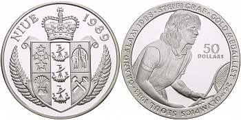 Ниуэ 50 долларов 1989 Олимпийские игры 1988 года в Сеуле 1988, Штеффи Граф, теннис KM 44 серебро PROOF 11-090-43