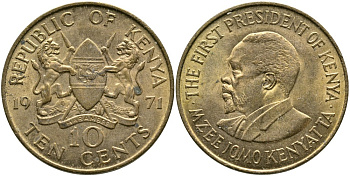 Кения 10 центов 1971 Джомо Кениата KM 11 никель латунь 4526-1116