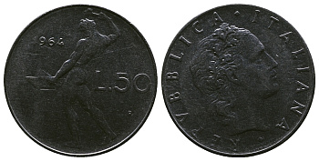 ИТАЛИЯ 50 ЛИР 1964 КУЗНЕЦ KM 95.1 сталь 4384-1116