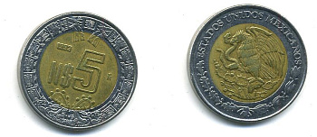МЕКСИКА 5 ПЕСО 1993 биметалл 4-634