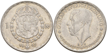 Швеция 1 крона 1944 G, Густав V (1907-1950) KM 814 серебро 4148-1017