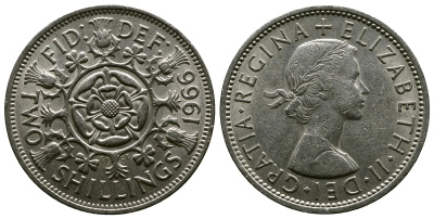 Великобритания 2 шиллинга (флорин) 1966 Елизавета II (1952-2022) KM 906, Spink 4146 медно-никель 4382-625