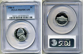 США 5 центов 1986 S, президент Джеферсон, в слабе PCGS PR69CAM KM А192 медно-никель PROOF 15-003-08