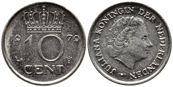 Нидерланды 10 центов 1970 Юлиана (1948-1980) KM 182 никель 4392-428