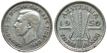 Австралия 3 пенса 1950 m, Георг VI (1937-1952), без букв KM 44 серебро 71-247