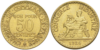 ФРАНЦИЯ 50 САНТИМОВ 1926 ТИП CHAMBRERES DE COMMERCE KM 884, LE FRANC 191.9 алюминиевая бронза 44-352