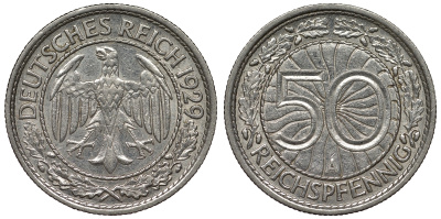 Германия 50 рейхспфеннигов 1929 A KM 49, J. 324 никель 4121-823