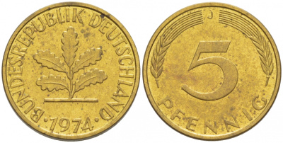 ФРГ 5 ПФЕННИГОВ 1974 J KM 107, J.382 сталь плакированная латунью 3955-613
