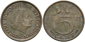 Нидерланлы 5 центов 1953 Юлиана (1949-1980) KM 181 бронза 4364-1622
