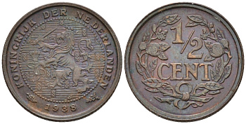 Нидерланды 1/2 цента 1938 Вильгельмина (1890-1948) KM 138 бронза 4588-957
