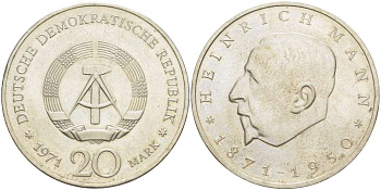 ГДР 20 марок 1971 А, 100 лет со дня рождения Генриха Манна (1871-1950) KM 33, J. 1531 медно-никель 4521-622