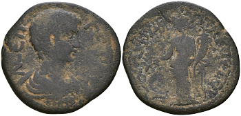 Римская Империя, Провинция Азия, Фригия, Филомелиум AE 192 - 209 Гета, бюст императора / богиня Тихе (Very Rare) BMC 18 бронза 1100-6-32