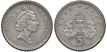 Великобритания 5 пенсов 1990 Елизавета II (1952-2022) KM 937b, Spink 4372 (D4) медно-никель 62-821