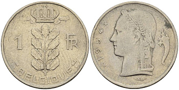 БЕЛЬГИЯ 1 ФРАНК 1954 BELGIQUE KM 142.1 медно-никель 4546-437
