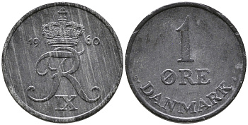 Дания 1 эре 1960 С; S, Фредерик IX (1947-1972) KM 839.2 цинк 100-659